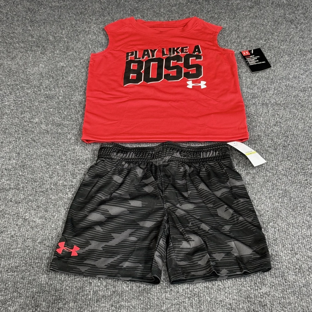 Under Armour 2 Piece Tank Shorts Set Kids 4 Red Black Camo Boss HeatGear